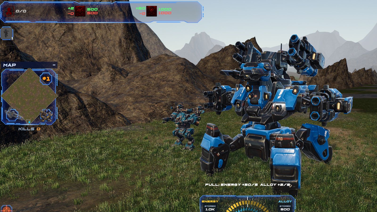 Blue boss walker on a hillside, seen with the in-game HUD