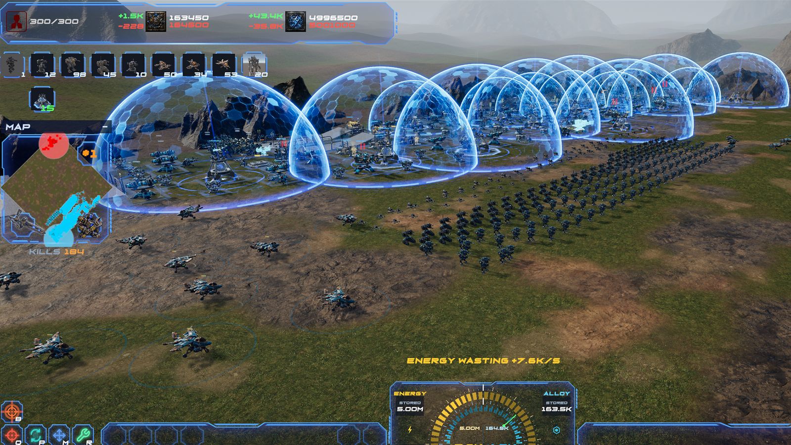 A line of shield domes guards the base as the army forms up