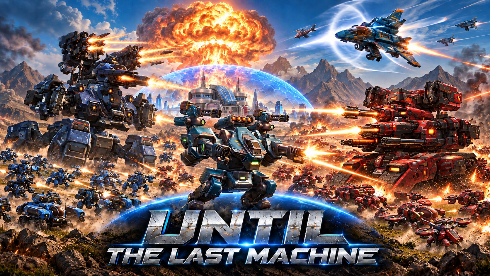 Until the Last Machine key art: a commander mech under a shield dome as armies clash and a nuclear blast rises behind them