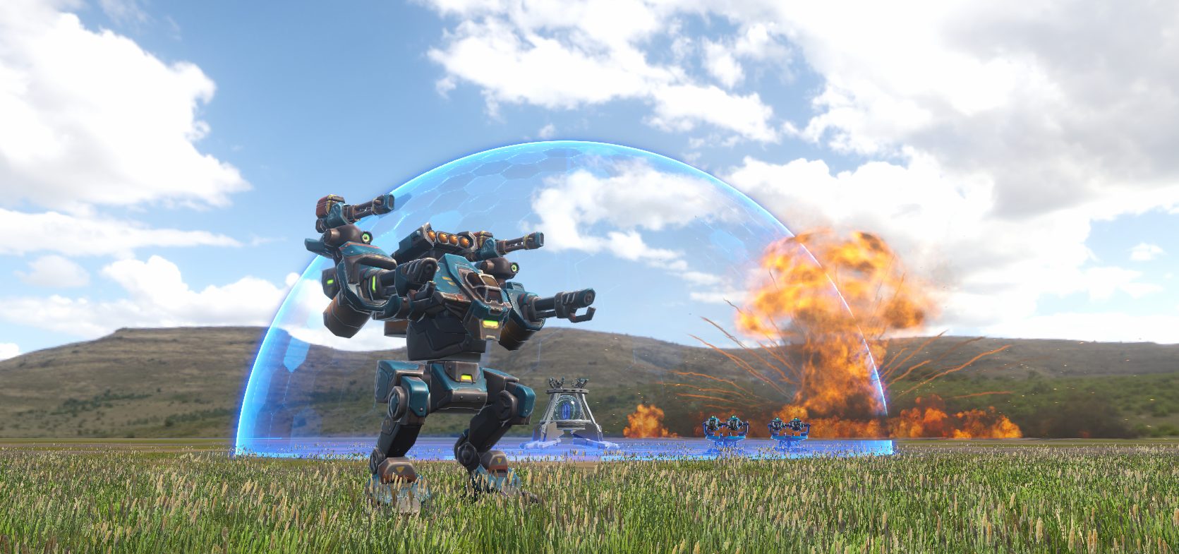Commander mech under a shield dome as a nuke detonates nearby