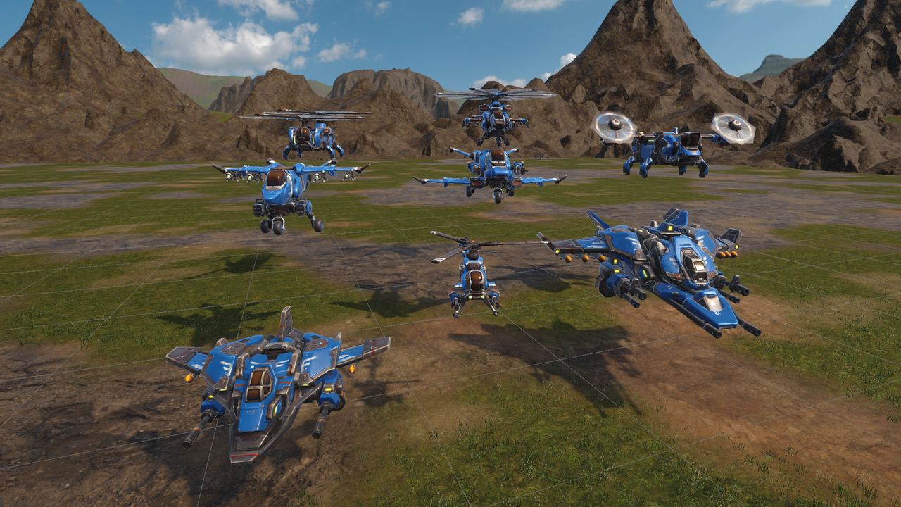 Blue jets and gunships on the airfield