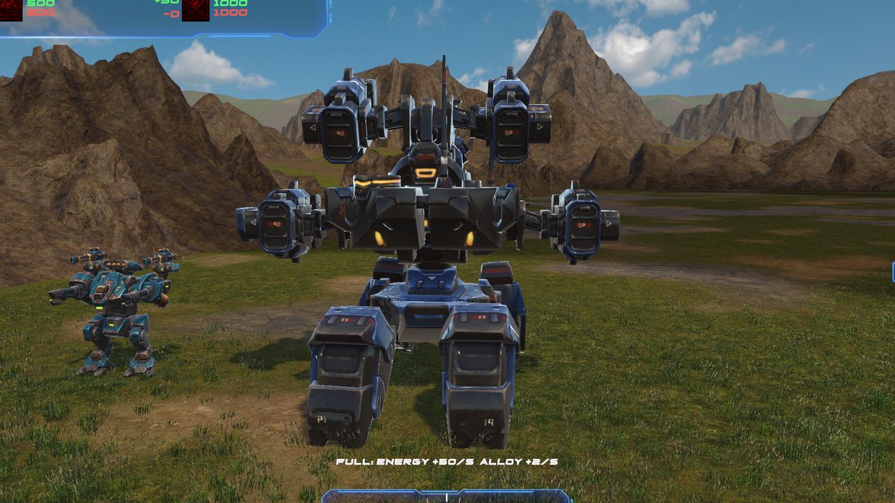 Blue boss walker standing over smaller mechs