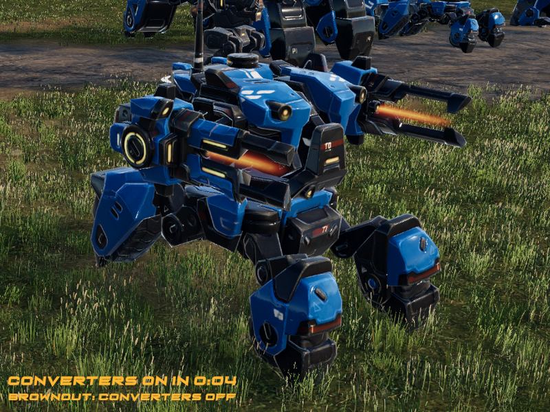 Blue assault mech firing