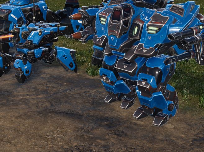 Blue armored mechs in formation